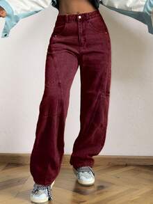 Boyfriend Style Patchwork Women Straight Leg Jeans Casual Spring - Red - View 3