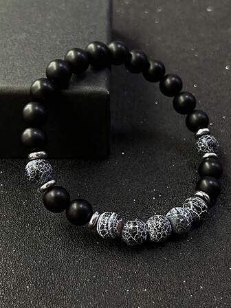 YAUKIA Pulsera de piedra natural de moda, brazalete de ágata desgastada de ónix negro con cuentas, joyería vintage para hombres, regalo para aliviar el estrés