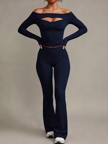 XLLAIS Sexy Tight Flared Pants 2026 High Waisted Elastic Sports Casual Solid Pants - Navy Blue - View 3