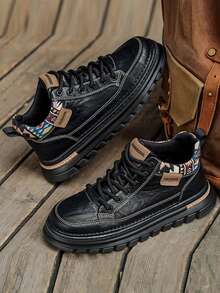 Men's High-Top Leather Motorcycle Boots, 2025 New Thick Sole Anti-Slip Wear-Resistant Round Toe Lace-Up Retro Comfortable PU Leather Waterproof Anti-Oil Soft Comfortable Men High-Top Shoes, Outdoor Sports Random Geometric Pattern Comfortable Men Sports Shoes - Black - View 6