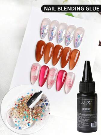 AiFer 1瓶35毫升透明美甲调和胶，指甲油胶，指甲亮片粉透明混合胶，透明彩色亮片混合胶，美甲设计师用于美甲艺术指甲油混合