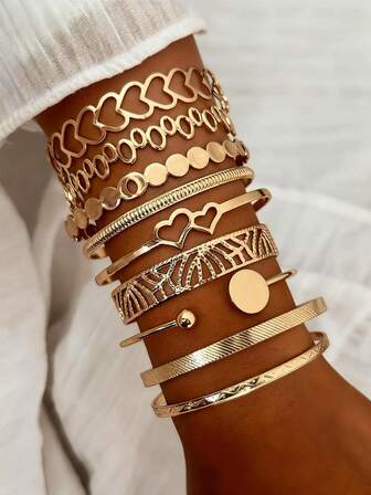 Conjunto de pulseras apilables de diseño geométrico y de corazón, de moda, en color dorado