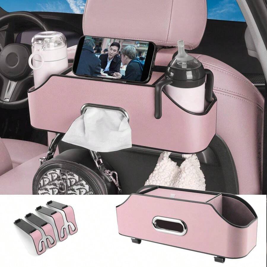 Car Back Seat Organizer With 2 Drink Cup Holder Tissue Box And Storage Box Hook MultiFunctional Storage Grea... - Pink - View 1