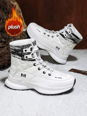 Men's Snow Boots, Winter Warm Lining, Outdoor Cold-Resistant, Waterproof, High-Top Lace-Up Boots, Anti-Slip Thick Sole, Fashion Versatile Daily Commute Casual Winter Boots, Minimalist Solid Color High-End Outdoor Boots, Sports Style Thick Sole Winter Hiking Running Multifunctional Work Boots