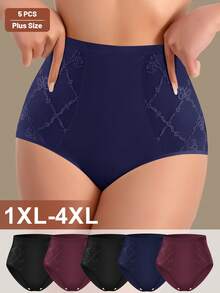 MEIYATING 5pcs Plus Size Women High Waist Jacquard Mesh Patchwork Tummy Control Lift Buttocks Symmetrical Line Elegant Comfortable Daily Briefs - Multicolor - View 2