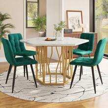 Dining Room Table And Chairs Set (5 Pieces), Modern Hexagonal Marble Table + 4 Green Velvet Chairs To Create A Warm And Contemporary Atmosphere, Gold Table Legs - Green - View 11
