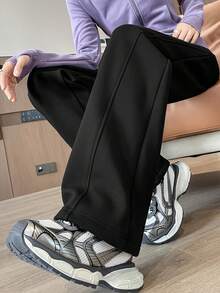 女士黑色香蕉印花休闲宽松直筒运动裤，时尚百搭，春秋季 - 黑色 - 查看 1