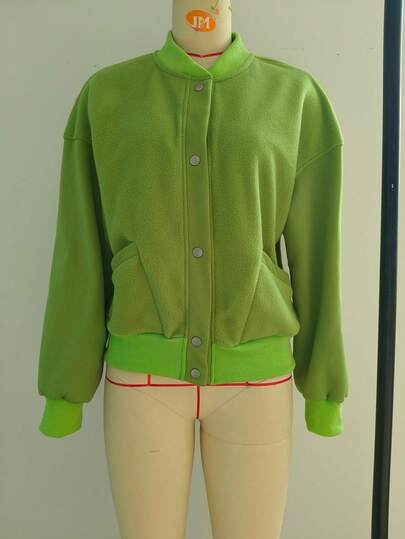 女士休闲纯色毛绒罗纹领外套，秋季