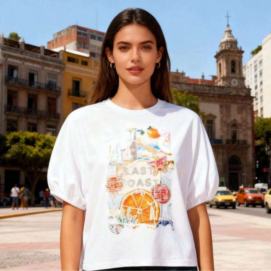 Camiseta de algodón de manga corta para mujer, casual, de cuello redondo y longitud regular, con gráficos únicos en la parte delantera - Blanco - Ver 1
