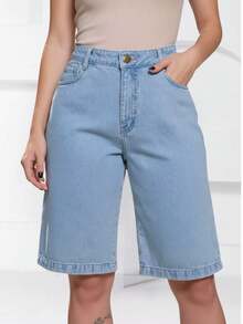 Women's Graphite Gray Denim Shorts, High-Waisted Gray Denim Bermuda Shorts, Summer Fashion, Foreign Blogger Style - Light Blue - View 10