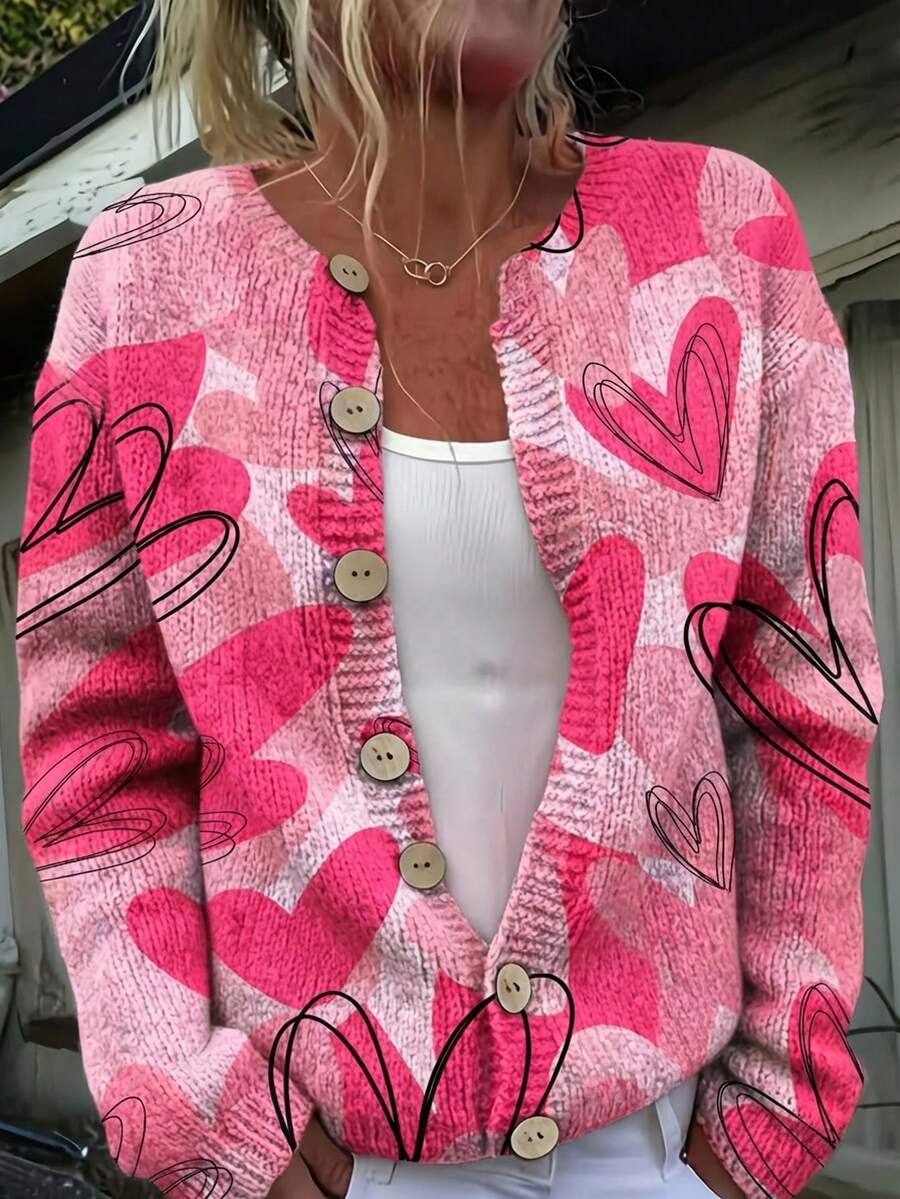 Women's Heart Print Cardigan Sweater Cozy Long Sleeve Crew Neck With Front Buttons For Spring Fall And Winter For Valentine's Day - Nhiều màu 2 - Xem 1