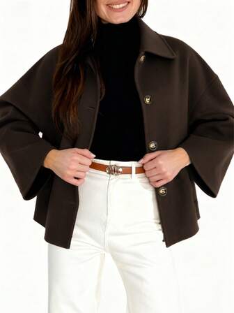 女士冬季外套，纯色长袖宽松款，适合工作、办公室、日常穿着。