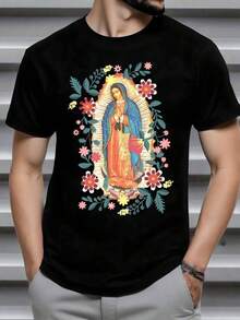 Figura colorida de la Virgen rodeada de un halo dorado y múltiples flores que simbolizan paz esperanza y devoción profunda con d - Negro - Ver 5
