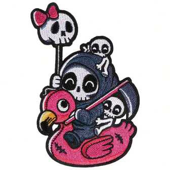 1个骷髅骑粉鸭刺绣贴片，DIY服装装饰热封贴花配件