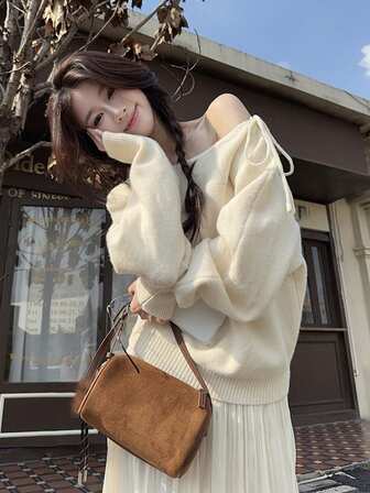 休闲设计感高端百搭宽松简约斜肩长袖针织女式毛衣