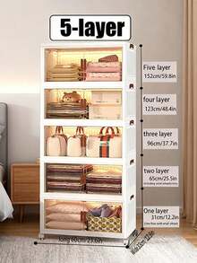 60CM-2/3/4/5 Layers  Lided Storage Box,  Multifunctional Foldable Storage Container With Wheels, Transparent Plastic Clothes Wardrobe Storage Box, Suitable For Home And Office (White) - Black and White - View 10