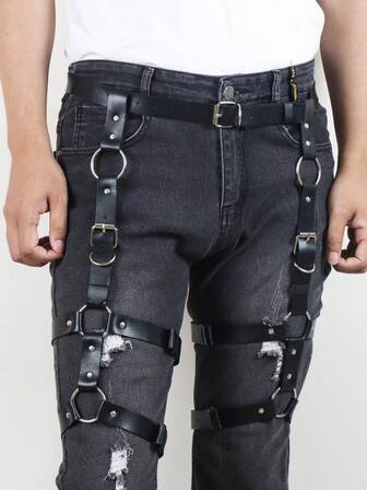 1 Set Premium Leather Gothic Punk Body Harness Seductive Waist & Leg Garter Belt For Men Adjustable Intimate Wear, A Bold Erotic Statement Accessory For Spicy Nights