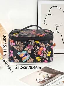 1 geantă de machiaj clasică cu imprimeu fluturi, capacitate mare, organizator de cosmetice de călătorie rezistent la apă cu mâner