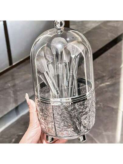 Organizador Giratório 360º com Tampa Transparente e Urso Prateado – Charme, Praticidade e Organização Premium