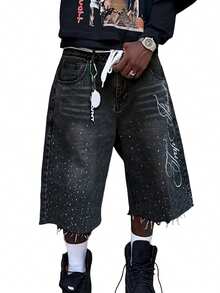 Men's Summer Casual Denim Shorts Knee Length  Letter Embroidered Rhinestone Jeans Shorts - 黑色 - 查看 2