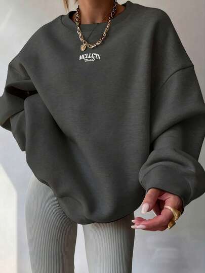 Damen Y2K Oversized Crew Neck Buchstaben Muster Sweatshirt, Lässig Herbst, Flughafen Frühling