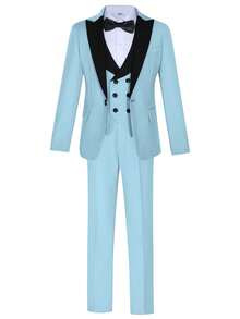 3pcs Boys' Sky Blue Plaid Outfit - Collared Vest, Suit Vest, Pants - Light Wash - View 8