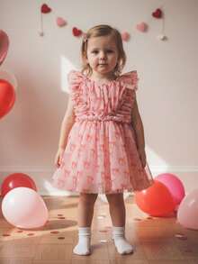 Vestido de tul para niña, estampado de corazones, sin mangas, con tirantes, corte A, para primavera y verano - Rojo - Ver 3