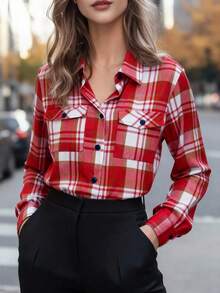 Blusa de mujer de manga larga con botones y cuello con corbata, a cuadros rojos, de corte ajustado, de poliéster, para primavera - Rojo - Ver 7