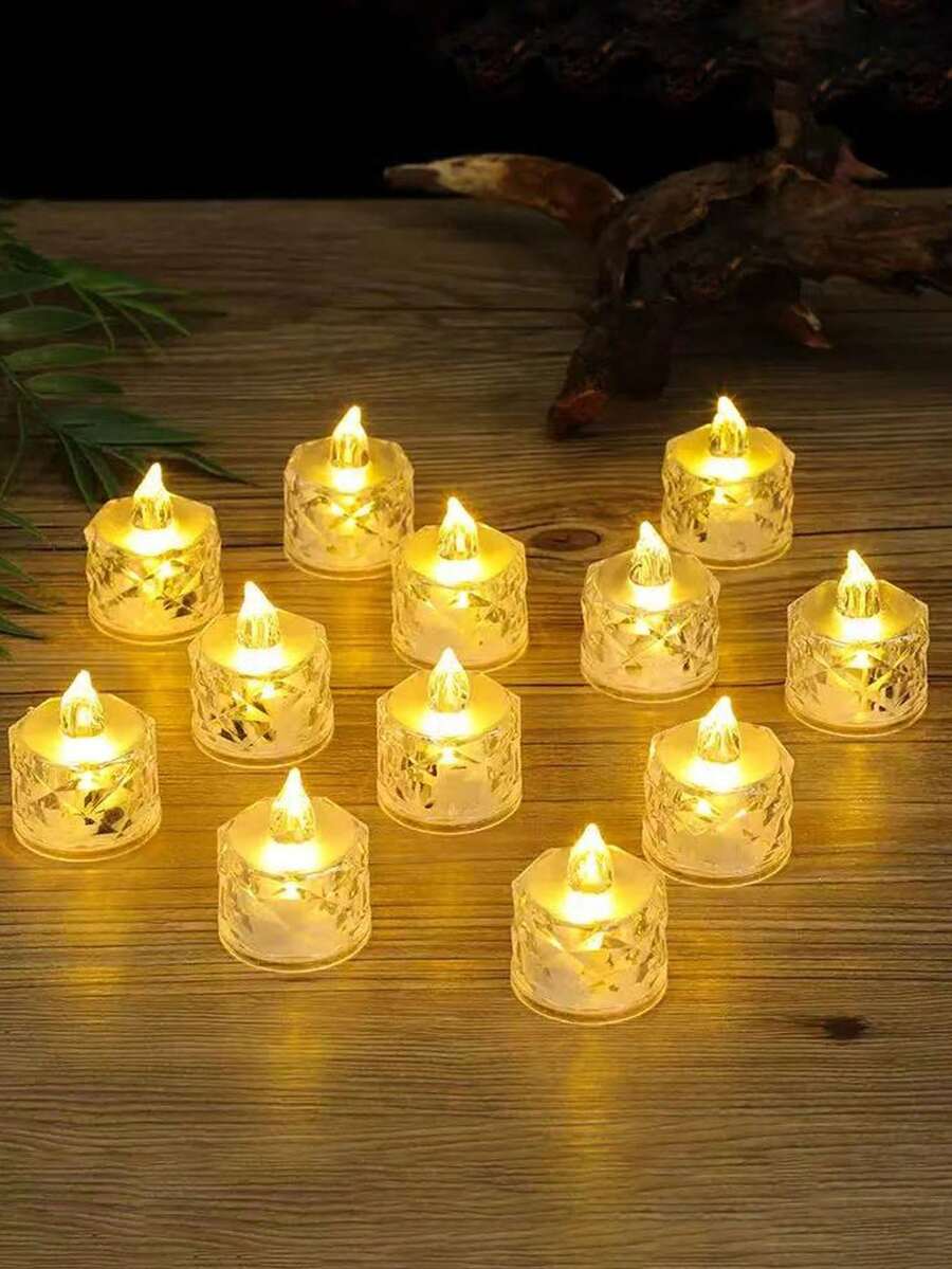 12个亚克力水晶图案LED电子蜡烛灯，带电池，玫瑰图案投影茶蜡烛灯，无焰蜡烛灯，适用于婚礼、情人节、圣诞节、节日、家居装饰、桌面装饰 - 彩色 - 查看 1