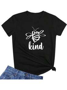 Wowomen's Bee Kind T-Shirt - Cute Casual Everyday Top With Bee Graphic, Lightweight Everyday Shirt For Wowomen - Soft Everyday Tee For Everyday Outfits, Ladies Tee Shirts, Playful Graphic Tee, Comfortable Fit, - Black - View 1