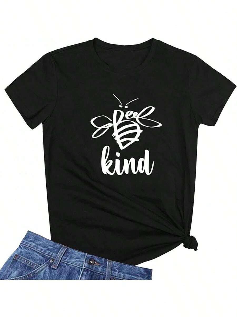 Wowomen's Bee Kind T-Shirt - Cute Casual Everyday Top With Bee Graphic, Lightweight Everyday Shirt For Wowomen - Soft Everyday Tee For Everyday Outfits, Ladies Tee Shirts, Playful Graphic Tee, Comfortable Fit, - Black - View 1