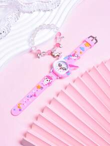 2件套女孩礼品套装：3D卡通独角兽软硅胶表带手表、创意大眼睛可爱小马石英腕表、渐变色串珠手链