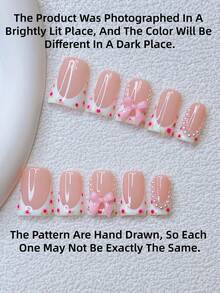 10片装Y2K风鸭嘴美甲贴片套装 - 手工制作，白色美甲贴片，粉色美甲贴片，白色法式美甲贴片，手绘花叶图案，粉色蝴蝶结装饰，闪亮白色珍珠点缀，精致可爱美甲贴片 - 适合女性和女孩，派对、婚礼、日常佩戴，DIY美甲用品 - 彩色 - 查看 4