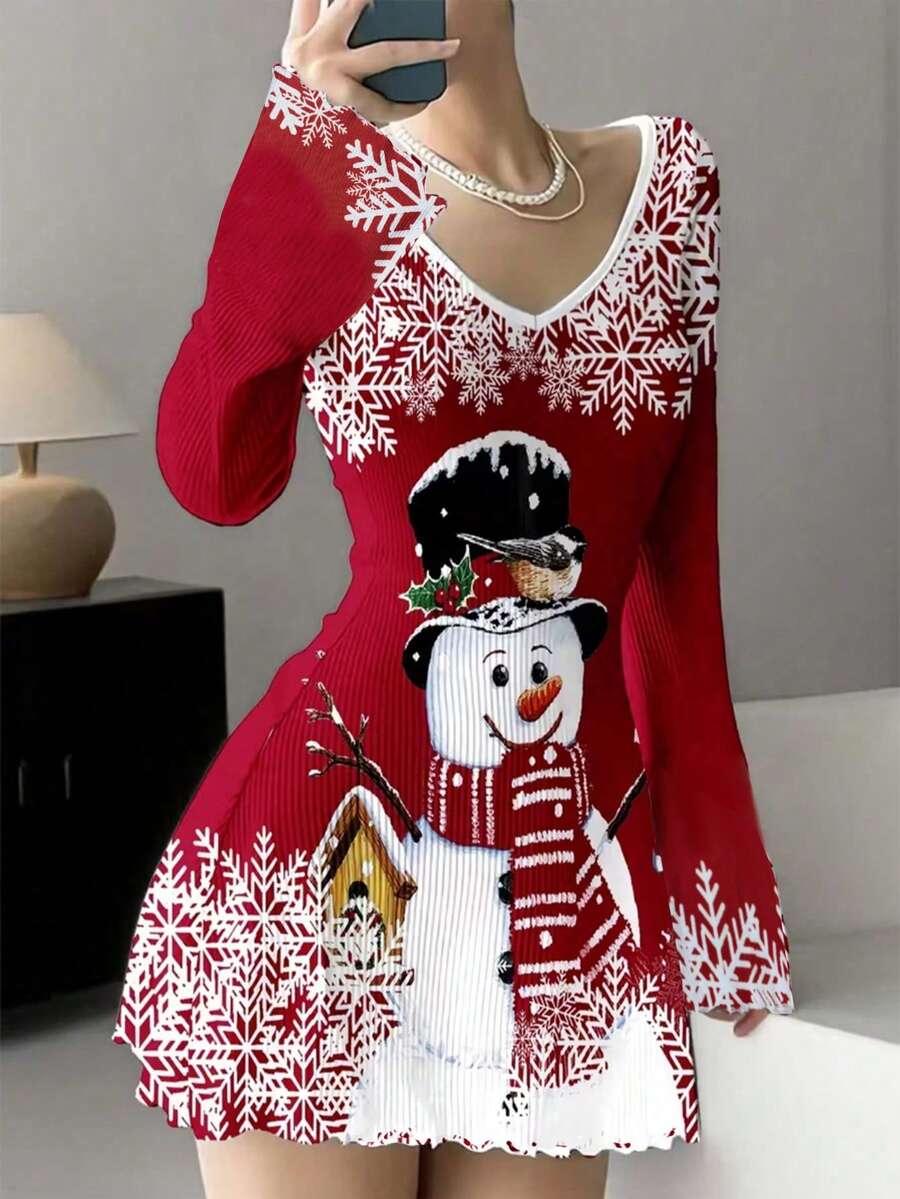 1pc Women's Snowflake Christmas Cartoon Casual Elegant Knit Fabric Short Dress, Suitable For Everyday And Party Wear, Autumn/Winter - Red - View 1