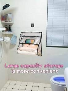 حقيبة تخزين ملابس شفافة مقاومة للماء وذات شاشة لمس كبيرة السعة، يمكن تعليقها، باللونين الأبيض والأسود متعددة الوظائف، يمكن فتحها وإغلاقها، مناسبة للحمام والغرفة الجامعية، تأتي مع خطاف عشوائي