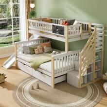 Hausbett, Kinderbett, Etagendoppelbett, multifunktionales Kinderbett, mit Treppe und Aufbewahrungsschränken, Mit Rutsche und kleiner Tafel, 140*200cm & 90*200cm, bianco(OLD SKU:N634P1941390123W) - Bianco+Naturale - Visualizzare 3