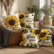 Bộ 4 vỏ gối trang trí họa tiết hoa hướng dương cổ điển "Sweet Home", chất liệu nhung đào in một mặt, kích thước 45*45/40*40/50*50CM, dùng cho ghế sofa vải hiện đại, trang trí trong nhà, tiệc tùng, quà tặng - Nhiều màu - Xem 9