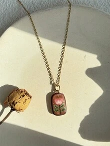 可爱甜美的蝴蝶、太阳、月亮和花朵油画吊坠项链，手工花卉饰品，DIY配饰，送给妈妈、朋友或自己的礼物 - 彩色 - 查看 17