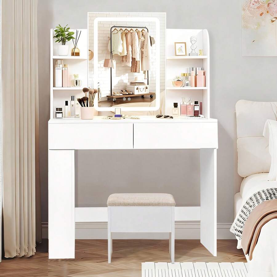 Tocador Moderno Led,espejo Iluminado, 2 Cajones Blanco - Tipo de Enchufe A USA (110-127V) - Ver 1