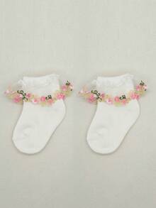 3 Pairs Elegant Embroidered Socks, Floral Embroidery Mesh Ruffle Trim Princess Socks, High-End Graceful - White - View 4