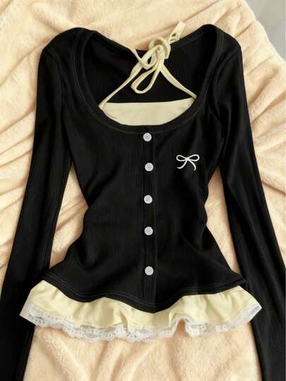 Y2K Style Retro Aesthetic 2 In 1 Design Blouse, Casual Lace Long Sleeve Shirt, 2000s Sexy Halter Neck T-Shirt, Suitable For Casual Outings, Can Be Paired With Jeans, Autumn/Winter Black Spring