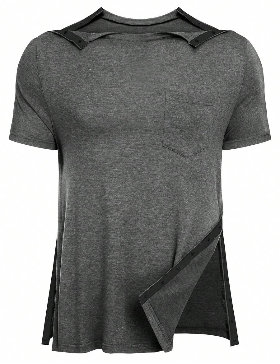 URRU Men's Post Shoulder Surgery Shirts Recovery Full Tear Away Short Sleeve Snap Chemo Shirts For Port Access - 深灰色 - 查看 1