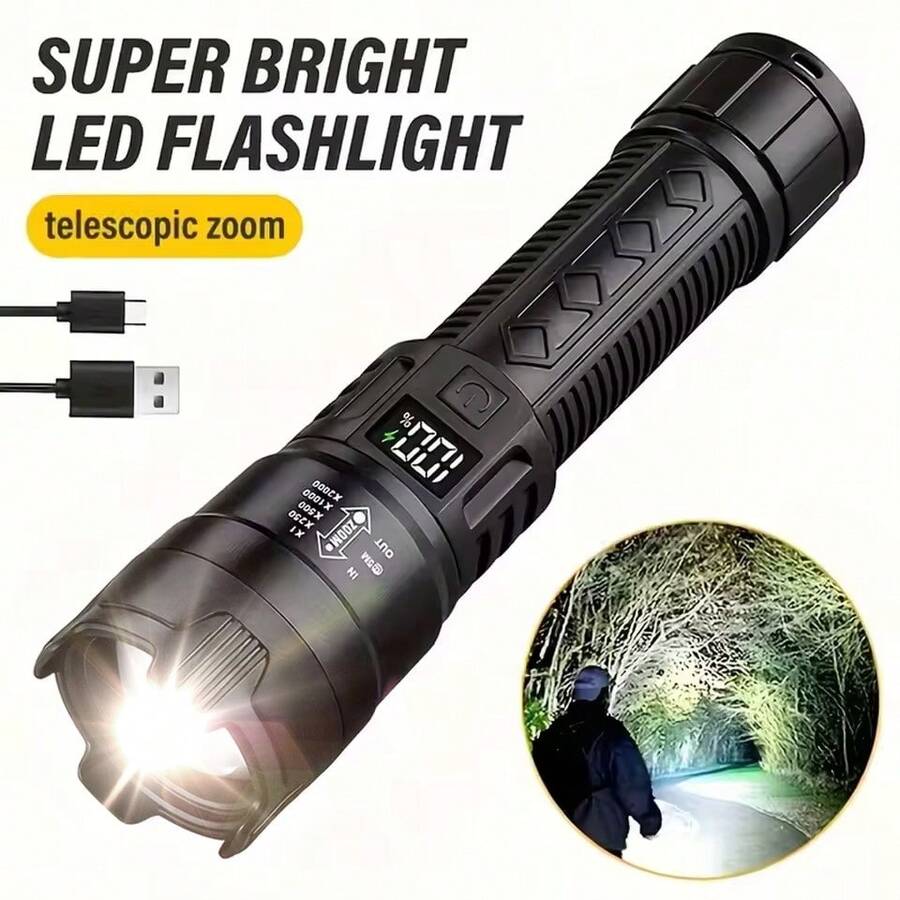 1pc High Power Super Bright LED Flashlight, USB Rechargeable, Tactical Flashlight With LCD Battery Level Display, Waterproof, Built-In Battery, For Outdoor Patrol, Camping Emergency, Camping Accessories