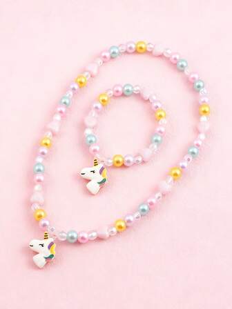 2pcs/Set Girls' Cute Unicorn Pendant Necklace & Beaded Bracelet Jewelry Set, Suitable For Birthday Party Gift, Girls Accessories