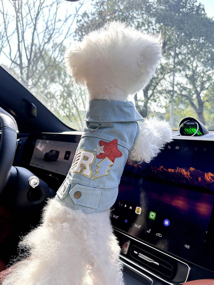 PETCIRCLE 1件宠物衣服,狗狗/猫咪套装,小型犬和幼犬服装,时尚可爱舒适的美国星形图案外套 - 藍色 - 查看 1