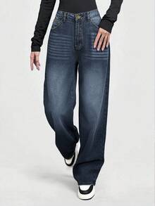 女士休闲水洗阔腿牛仔裤 - 深色水洗藍 - 查看 2