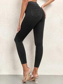 Women High Waist Jeggings Tummy Control Skinny Jeans Pull On Leggings With Pockets  Casual - 黑色 - 查看 4