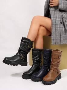 Women's Moto Inspired Ruched Ankle Boots With Double Buckles – PU Leather Low Heel Short Boots, Round Toe For Fall & Winter - 黑色 - 查看 7