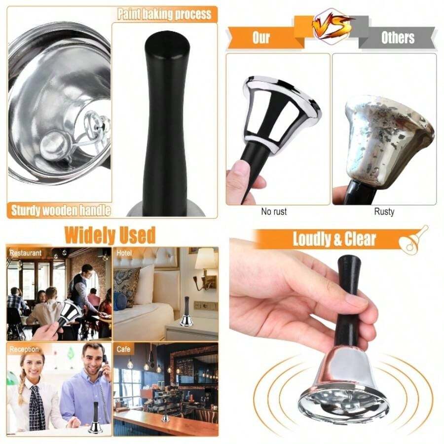 Paquete de 4 campanas de mano, campanas de acero plateado, campanas con asa, campanas de cena para campana interior de aula, para lnea de alimentos, alarma, tintineos, timbre plata - Pago - Ver 1