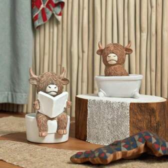 1pc Funny Highland Cow Bathroom Decor - Bathtub And Toilet Reading Figurine, Adorable Farmhouse Style Decoration With Book, Durable Resin Desktop Ornament, Suitable For Home, Office, Bookshelf - Perfect Gift For Cow Lovers (No Electricity Required)